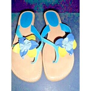 Bass Sandals 8M Turquoise Leather Flip Flops W/Flower Vacation